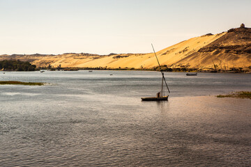 Nile the longest river in Africa. Primary water source of Egypt. Landscape with clear water river.