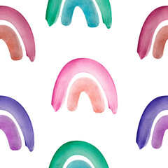 Rainbow after rain in blue and purple shades watercolor seamless pattern. Template for decorating designs and illustrations.