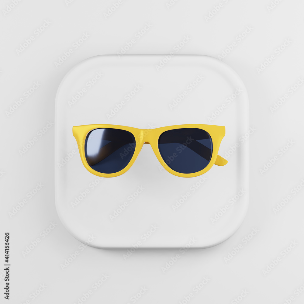 Poster yellow-framed sunglasses icon. 3d rendering white square button key, interface ui ux element.