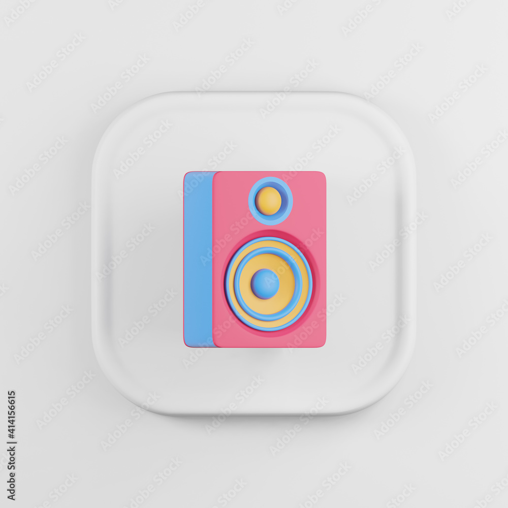 Poster multicolored speaker icon. 3d rendering white square button key, interface ui ux element.