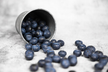 Fresh blueberries falling out of a small metal bucket. Side view. Rustic.