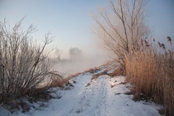 Spring landscape with a river covered with fog, melting snow on the river bank, trees