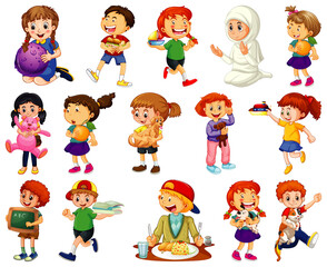 Children doing different activities cartoon character set on white background