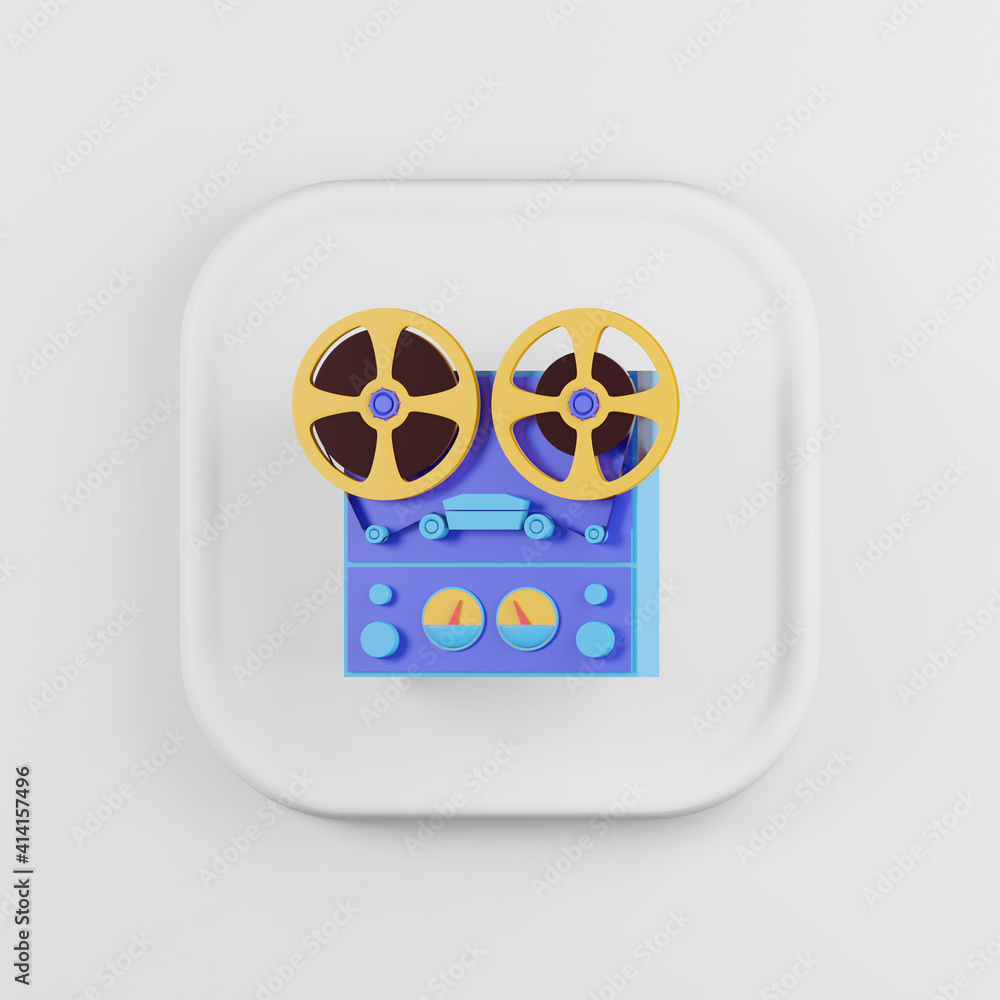 Poster reel tape recorder icon. 3d rendering white square button key, interface ui ux element.