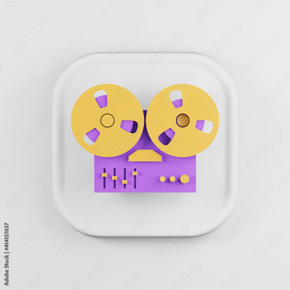 Poster reel tape recorder cartoon icon. 3d rendering white square button key, interface ui ux element.