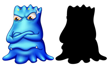 Blue monster with its silhouette on white background