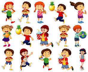 Children doing different activities cartoon character set on white background