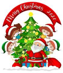 Merry Christmas 2020 font banner with children wearing mask on white background
