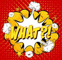 WHAT text on comic cloud explosion on red background