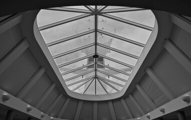 Glass dome skylight retractable roof reflecting funnel and superstructure of modern cruiseship or...