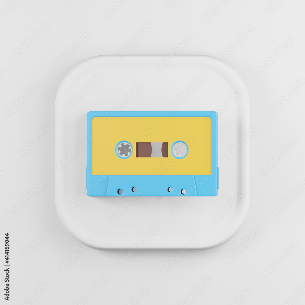 Aufkleber yellow-blue cassette icon. 3d rendering white square button key, interface ui ux element.