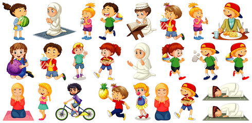 Children doing different activities cartoon character set on white background