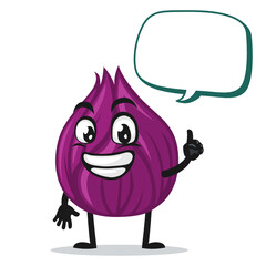 vector illustration of onion mascot or character holding blank red scroll