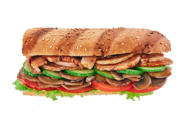 Juicy grilled sandwich with ham, cheese, mushrooms, cucumbers, tomatoes and lettuce. Isolated on a white background. Close-up. Hot dog on a white background.