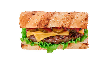 Juicy grilled sandwich with cutlet, cheese, pickles, ketchup and lettuce. Isolated on a white background. Close-up. Hot dog on a white background.