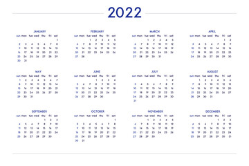 2022 calendar set in classic strict style. wall table calendar schedule, minimal restrained business design for notebook and planner. Week starts on sunday