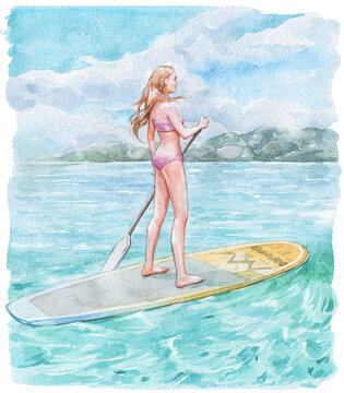 young surfgirl riding in the sea