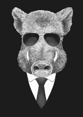 Portrait of Boar in suit and sunglasses. Bodyguard. Hand-drawn illustration. 