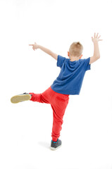 Little cool hip-hop boy in dance. Rear view. Isolated on white background