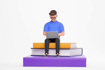 Cartoon character man in glasses seat at books and use laptop. Online education concept.