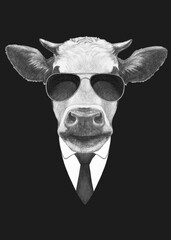 Portrait of Cow in suit and sunglasses. Bodyguard. Hand-drawn illustration. 