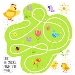 Easter Maze for young children. Help the chicks find their mother. The vector is isolated on a white background.