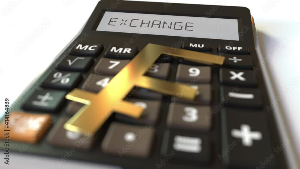 Poster exchange text on calculator display and franc money symbol. financial concept. 3d animation