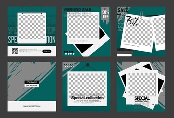 Editable post templates for social media ads and Web banner ads for your product promotion. with a modern Polaroid photo frame design. in emerald green, gray, white and black.