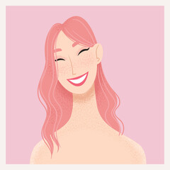 Beauty female portrait. Smiling young Asian woman avatar. Girl with pink hair. Vector illustration - 414166208