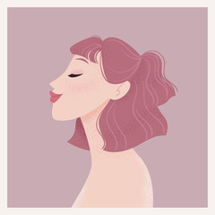 Beauty female portrait. Elegant woman avatar. Hipster girl with pink hair. Vector illustration - 414166287