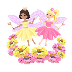 Two beautiful princesses with fairy wings and magic wands flutter over a meadow of yellow and pink flowers. Vector illustration isolated on white background.