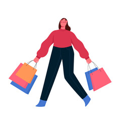 Happy woman with colorful shopping bags. Big Sale. Vector flat cartoon illustration isolated on a white background.