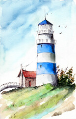 Fototapeta na wymiar Watercolor picture of a lighthouse on the green hill with a small bridge and some trees