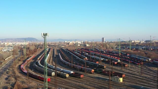 Budapest Hungary Ferencvaros. Marshalling yard for railway cargo trains in Budapest. This is on Ferencvaros district. Aerial photo about lot empty and full trains.