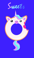 Donut unicorn with white frosting and rainbow tail. Vector illustration 