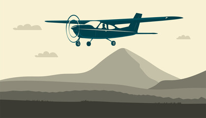 Light single-engine aircraft with pilot flies against the background of an abstract landscape. Vector illustration.