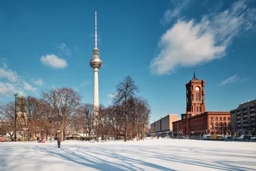  Berlin under snow. Panoramic image with television tower and Red Rathaus, or Old Town Hall in English. © tilialucida