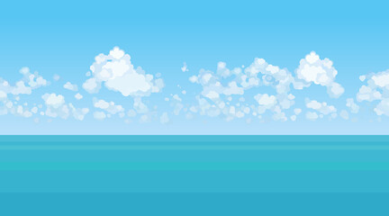 Obraz na płótnie Canvas cartoon background of azure sea and blue sky with clouds on the horizon