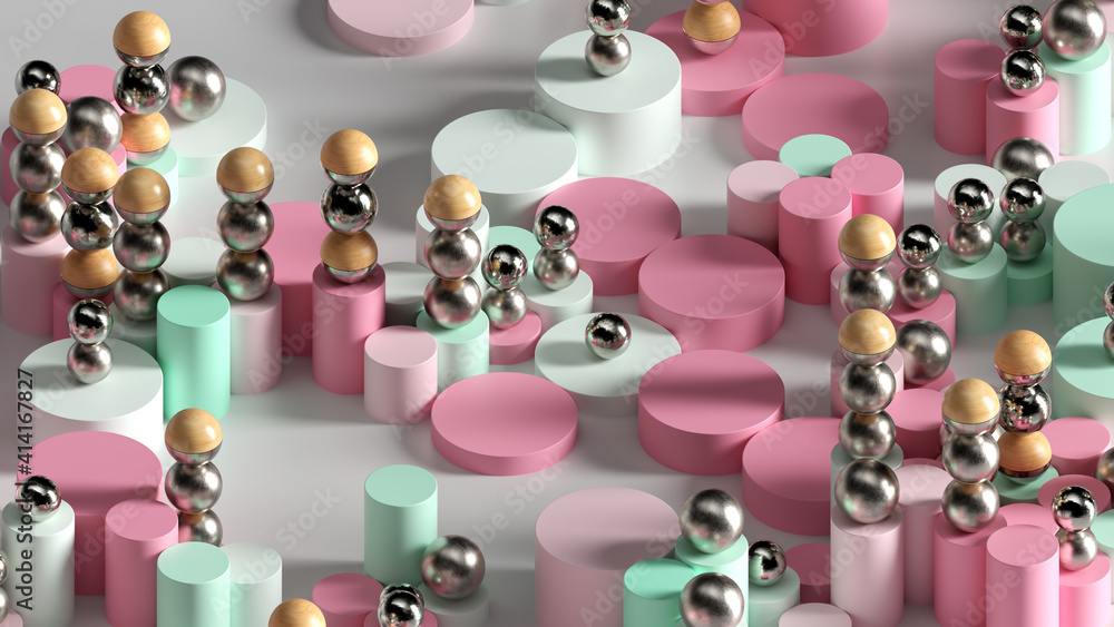 Poster bright abstract 3d render background with cylinders with random height and metal and wooden spheres 