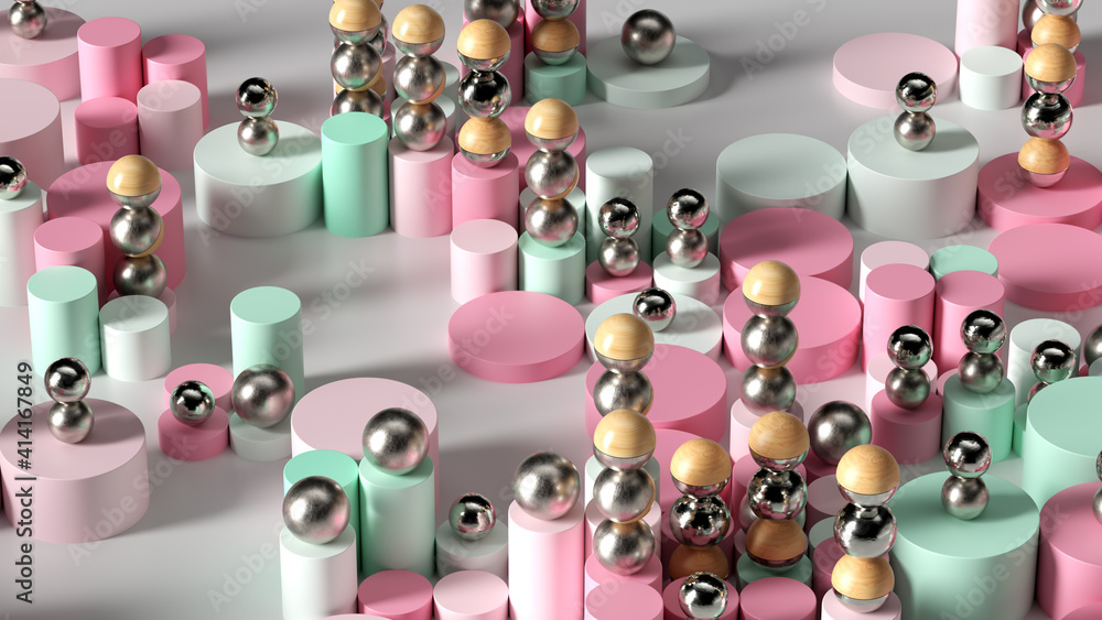 Poster bright abstract 3d render background with cylinders with random height and metal and wooden spheres 