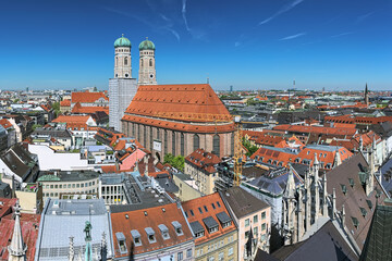 Munich, Germany. Panoramic view over Frauenkirche (Cathedral of Our Lady) and north-western part of the city from tower of New Town Hall.