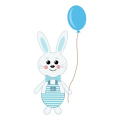 Bunny, children's character, holding a blue balloon, color vector isolated illustration for the Holy Easter holiday, decor, decoration, print, clip art, paper scrapbooking