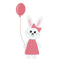 Bunny, children's character, holding a balloon, color vector isolated illustration for the Holy Easter holiday, decor, decoration, print, clip art, paper scrapbooking