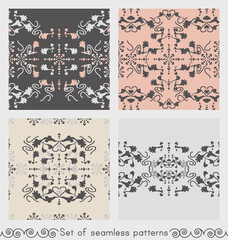 Set of seamless patterns floral with lily flowers and hearts. Gray, cream ivory and pastel orange. Vector.