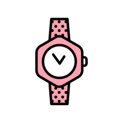 Vector wristwatch icon in flat style with black stroke, pink fill and circles texture on white background.
