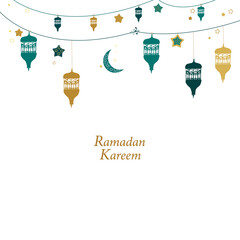Ramadan Kareem gold and green lamps, crescent and stars Traditional lantern of Ramadan greeting card