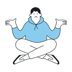 Oops, sorry, not a big deal. Portrait of cute cartoon character shrugging his shoulders and arms in surprise. 404 problem, surprise, lack of understanding concept. Thin line elegance vector style.