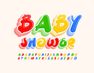 Vector creative flyer Baby Shower. 3D Handwritten Font. Bright artistic Alphabet Letters and Numbers set