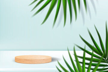 Wooden podium with palm leaves and shadows. Realistic wood platform for product presentation. Minimal nature scene with pedestal mockup. Vector 3d illustration of cosmetic display or award ceremony