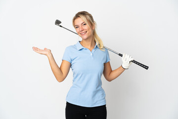 Young Russian golfer woman isolated on white background extending hands to the side for inviting to come